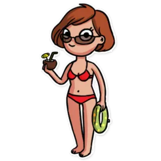 😎 Cartoon, Vrouw, Bikini, Strand, Zomer, Drankje, Zonnebril telegram sticker