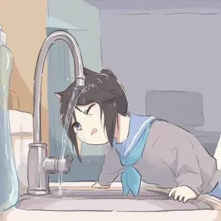 🌟 Fille anime, Oreilles de chat, Évier, Eau, Triste, Mignon telegram sticker