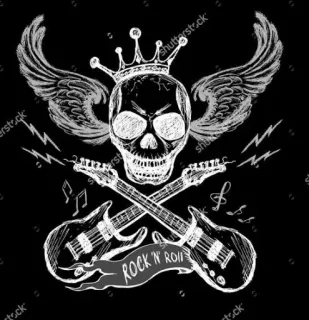 🎶 ROCK 'N' ROLL หัวกะโหลก, กีตาร์, ร็อกแอนด์โรล, ดนตรี, มงกุฎ, ปีก telegram sticker