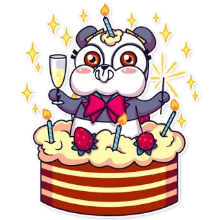 🎂 панда, день рождения, торт, вечеринка, праздник, милый, бенгальский огонь, стакан, клубника, свечи whatsapp sticker