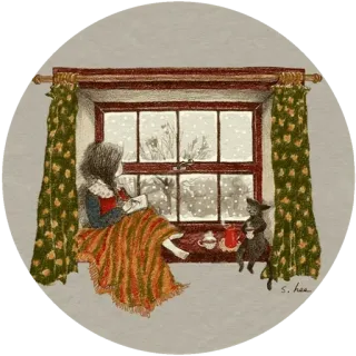 😌 Mädchen, Fenster, Lesen, Winter, Katze, Gemütlich, Schnee, Illustration whatsapp sticker