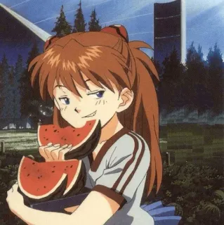 😏 Asuka Langley Soryu Neon Genesis Evangelion Anime, Chica, Comiendo, Sandía, Personaje, Dibujo animado whatsapp sticker