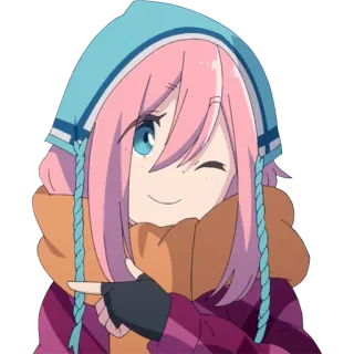 😉 Nadeshiko Kagamihara Yuru Camp 动漫, 卡通, 可爱, 女孩, 眨眼, 冬天, 指着 telegram sticker