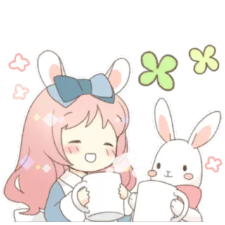 ☕ Мультфильм, Милый, Девочка, Кролик, Чай, Клевер, Каваий telegram sticker