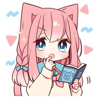 😳 MEMO Anime, Kocica, Słodki, Notatka, Notatnik, Różowe włosy, Kawaii telegram sticker