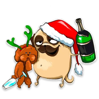 🍾 哈巴狗, 狗, 圣诞节, 节日, 圣诞帽, 酒精, 派对, 庆祝 whatsapp sticker