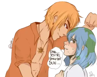 🌞 OMG... YOU'RE REALLY HOT SUN... sol, terra, anime, desenho animado, romance, relacionamento, amor telegram sticker