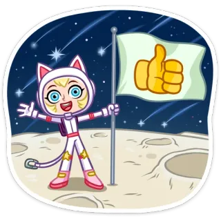 👍 девушка-кошка, космос, луна, большой палец вверх, астронавт, мультфильм telegram sticker