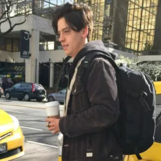 🍁 Cole Sprouse homem, ator, café, mochila, street style telegram sticker