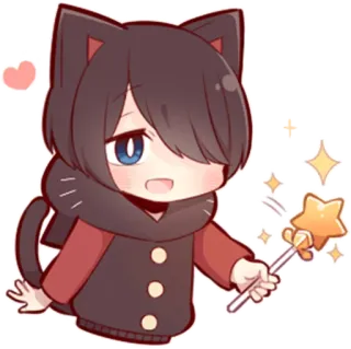 🌟 Anime, Kawaii, Orecchie da gatto, Carino, Magia, Bacchetta magica, Chibi, Cartone animato whatsapp sticker