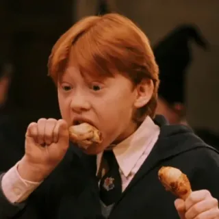 🦁 Ron Weasley Harry Potter ロン・ウィーズリー, ハリー・ポッター, 食べ物, 食事, チキン, 男の子, 魔法使い telegram sticker
