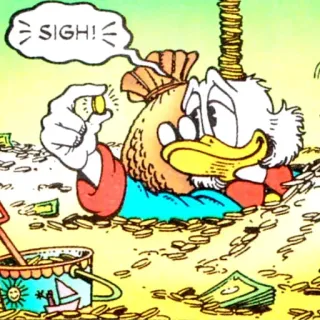 😍 Scrooge McDuck SIGH! soldi, monete, cartone animato, anatra, triste, sospiro, ricchezza whatsapp sticker