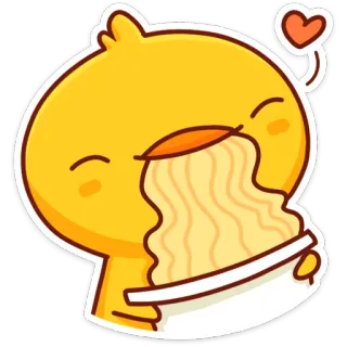 🍜 Desenho animado, Amarelo, Pato, Macarrão, Coração, Fofo, Comida whatsapp sticker