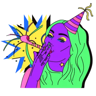 🎉 Party, Feier, Geburtstag, Festlich, Hut, Pfeife, Frau, Bunt, Neon telegram sticker