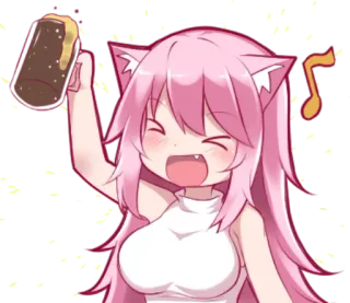 🤪 Anime, Nekomimi, Kawaii, Cheveux roses, Boisson, Note de musique telegram sticker