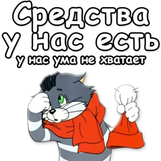 🙈 Средства у нас есть, у нас ума не хватает cat, scarf, hat, cartoon, sad, thinking whatsapp sticker