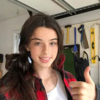 ✨ chica, pulgar arriba, camisa cuadros roja, herramientas, garaje, mujer, sonriendo telegram sticker