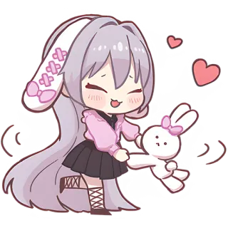 💃 chibi, anime, cartoon, schattig, konijn, konijntje, kawaii, harten telegram sticker