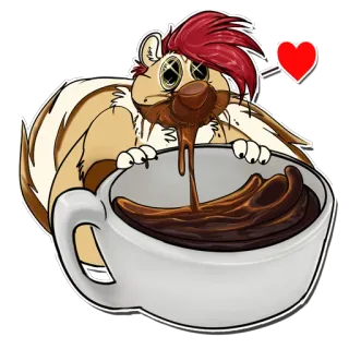 🌟 gambá, café, antropomórfico, desenho animado, fofo, coração, animal, caneca whatsapp sticker