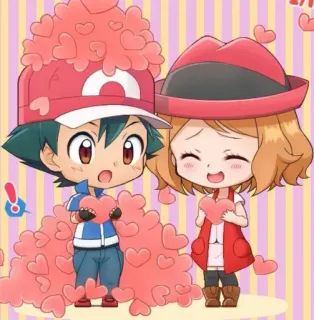 ❤️ Ash Ketchum, Serena Pokemon покемон, аниме, мультфильм, любовь, сердечки, милый, день святого валентина whatsapp sticker