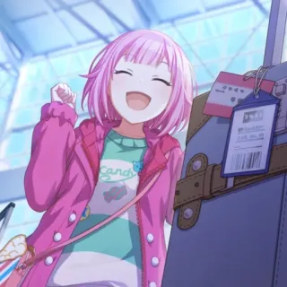 😄 Candy anime, pink hair, cute, airport, travel, happy whatsapp sticker