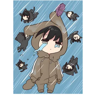 😭 Anime, Deszcz, Płacz, Smutny, Bluza z kapturem, Koty whatsapp sticker