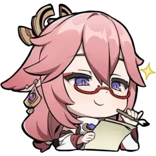 😏 Yae Miko Genshin Impact anime, video game, fox, pink hair, writing telegram sticker