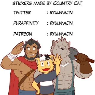 👌 STICKERS MADE BY Country CAT
TWITTER : RYUUMAJIN
FURAFFINITY : RYUUMAJIN
PATREON : RYUUMAJIN sticker, cartoon, furry, dier, kat, humanoïde, digitale kunst, boerderijkat, ryuumajin telegram sticker