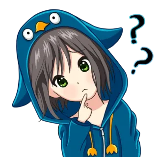 🤔 Animé, Dessin animé, Fille, Points d'interrogation, Pingouin, Sweat à capuche, Mignon, Confus whatsapp sticker