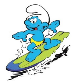 🏄 Smurf สเมิร์ฟ, เซิร์ฟ, การ์ตูน, กระดานโต้คลื่น, สีน้ำเงิน whatsapp sticker