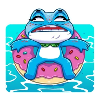 🤤 rana, ciambella, piscina, galleggiante, cartone animato, estate, relax, personaggio whatsapp sticker