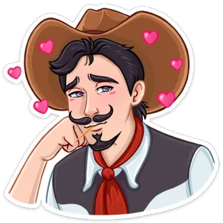 🥰 Cow-boy, Homme, Moustache, Chapeau, Coeurs, Dessin animé telegram sticker