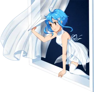 🛩 anime girl, paper airplane, window, blue hair, dress telegram sticker