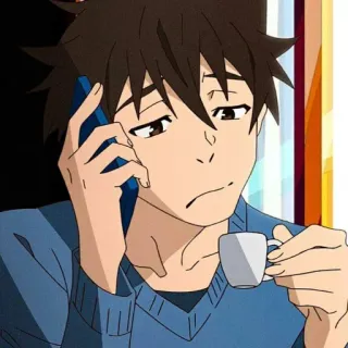 😩 อนิเมะ, ผู้ชาย, กาแฟ, โทรศัพท์, เหนื่อย, การ์ตูน, โทร, ศิลปะดิจิทัล telegram sticker