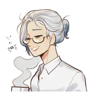 😃 femme, cheveux gris, lunettes, chemise, café, thé, boisson, personnage, sourire telegram sticker