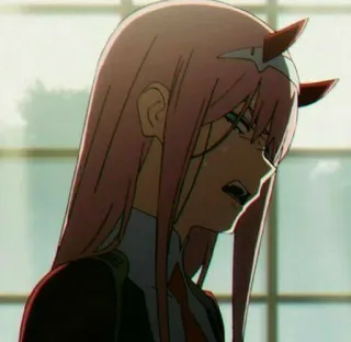 🌷 Zero Two Darling in the Franxx Anime, Zero Two, Darling in the Franxx, Feminino, Chifres, Cabelo rosa, Triste, Chateado/a telegram sticker