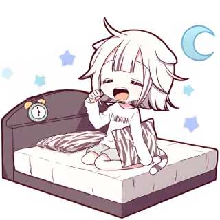 🥱 buồn ngủ, giường, anime, dễ thương, đêm, mặt trăng, các vì sao, hoạt hình telegram sticker