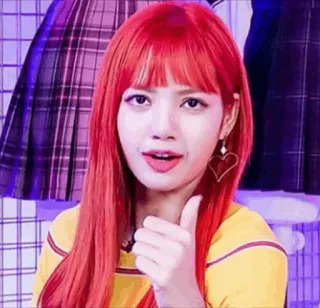 🍊 Lisa kpop, lisa, duim omhoog, zangeres, hart, hart oorbellen, rood haar telegram sticker
