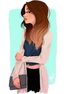 😌 женщина, иллюстрация, мультфильм, мода, кардиган, брюнетка telegram sticker