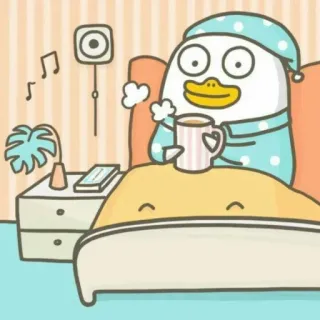 💨 anatra, letto, caffè, cartone animato, carino, assonnato, mattina whatsapp sticker