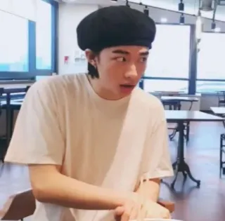 😯 person, man, beret, indoors, restaurant telegram sticker