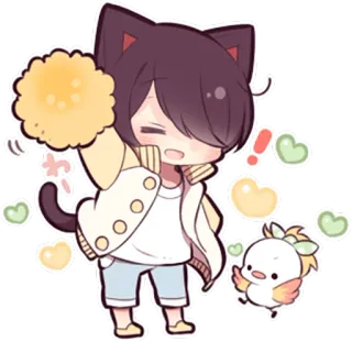 ✊ Chibi, Anime, Carino, Kawaii, Personaggio, Arte, Orecchie da gatto, Cuori, Uccello whatsapp sticker
