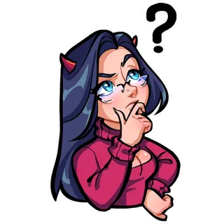 😯 kartun, stiker, gadis, iblis, pertanyaan, berpikir telegram sticker