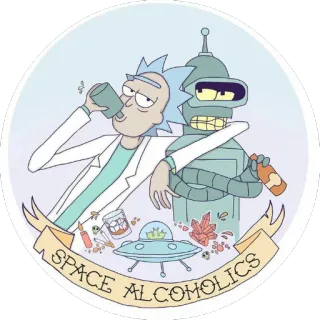 🍻 SPACE ALCOHOLICS rick and morty, futurama, bender, rick sanchez, alkohol, kartun, luar angkasa, minum telegram sticker