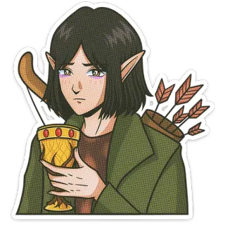 🌟 精灵, 幻想, 弓箭手, 杯子, 悲伤, 弓箭, 角色, 插画 telegram sticker