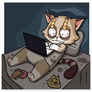 🌃 chat, fatigué, ordinateur portable, pansements, épuisé, nourriture, dessin animé telegram sticker