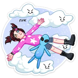 😵‍💫 ПУК girl, alien, clouds, cartoon, sticker, stars, pink, blue telegram sticker