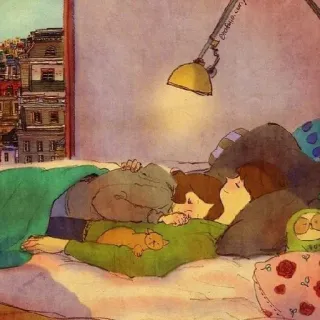 😴 ilustrasi, pasangan, ranjang, nyaman, romantis, kucing, jendela, tidur telegram sticker