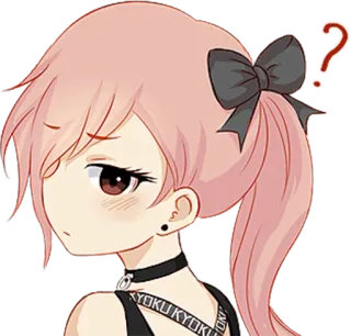 🤔 KYOKU KYOKU Anime, Punto interrogativo, Personaggio, Girocollo, Capelli rosa, Nastro nero whatsapp sticker