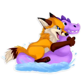 🏄 renard, dessin animé, animal, violet, eau, autocollant telegram sticker